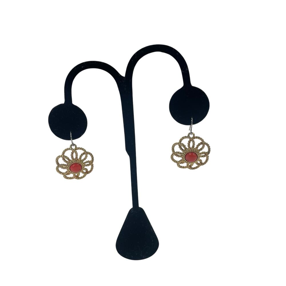 Unbranded Gold Toned Coral Accent Flower Drop Earrings